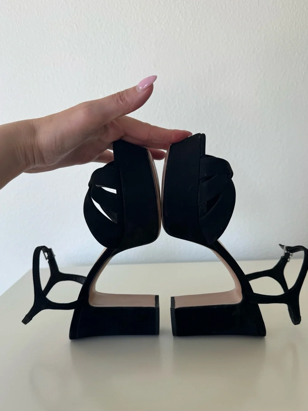 Schutz Black Keefa Suede Platform Sandals with Ankle Strap 8.5